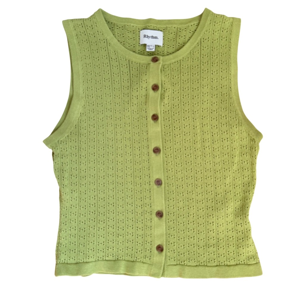 Rhythm Ojai Pointelle Tank Vest Women's S Green Cropped Button Front Vest Boho